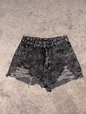 SHEIN Black Washed Distressed High-Waist Denim Shorts
